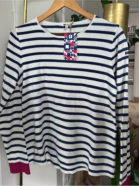Batela Sea Style Merino Wool Blend Breton Crewneck Sweater NWT EU 44 Navy/Cream